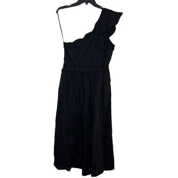 J Crew One Shoulder Midi Dress Size 14 Black Ruffle Trim Tie Waist Classic - Picture 2 of 11